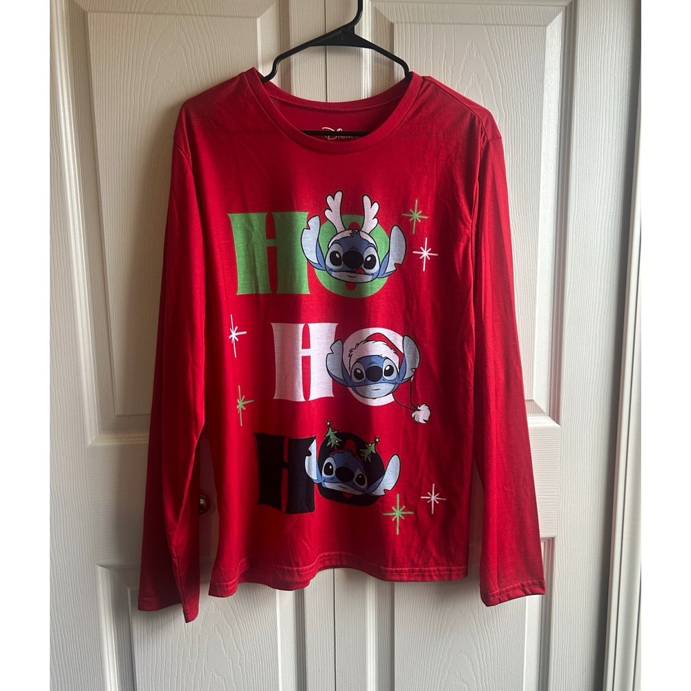 Disney Stitch Ho Ho Ho Red Long Sleeve Graphic T-Shirt Adult Unisex Size M